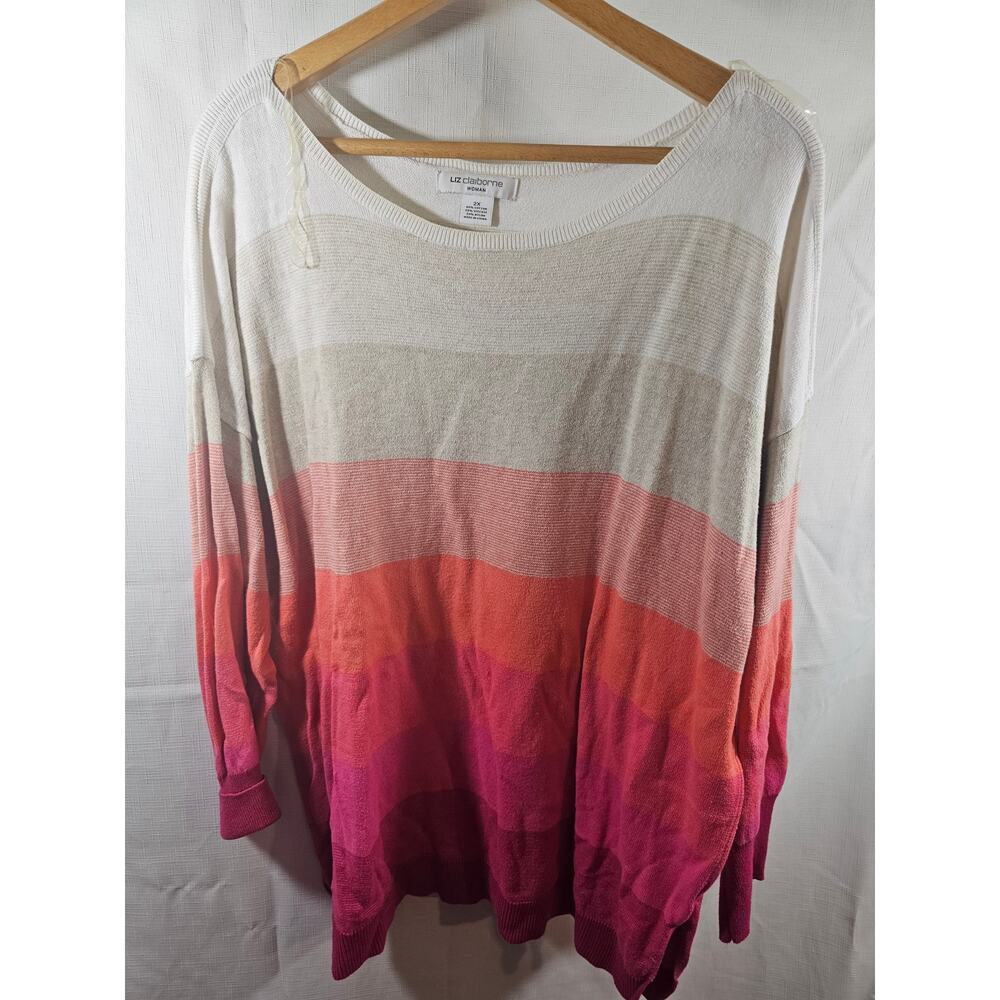 Liz Claiborne Woman Pink Red Beige Stripes Pullover Sweater Size 2X